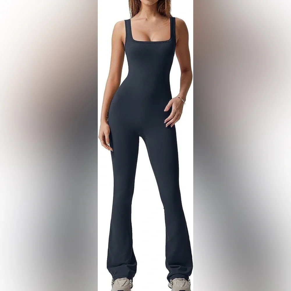 QINSEN Jumpsuit Sleeveless Sexy Suqare Neck Stretch Flare Leggings Romper Jumper